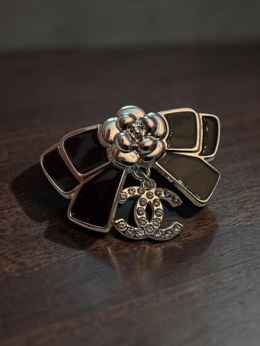 CHANEL UPCYCLE Black Camellia Brooch with Crystal CC Dangle